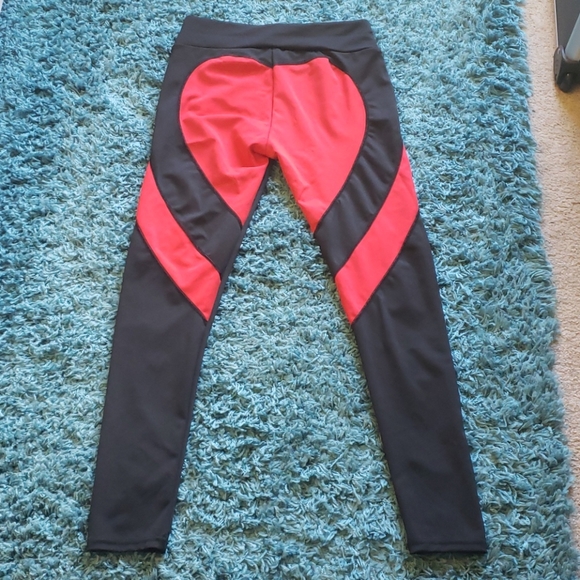 Black Red Heart Design Leggings Workout Pants - Picture 3 of 6